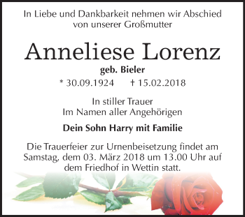 Traueranzeige von Anneliese Lorenz von Mitteldeutsche Zeitung Halle/Saalkreis