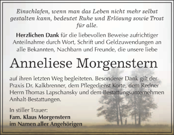 Traueranzeige von Anneliese Morgenstern von WVG - Wochenspiegel Bitterfeld