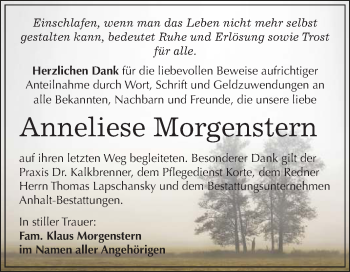 Traueranzeige von Anneliese Morgenstern von Mitteldeutsche Zeitung Bitterfeld