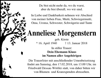 Traueranzeige von Anneliese Morgenstern von Mitteldeutsche Zeitung Bitterfeld