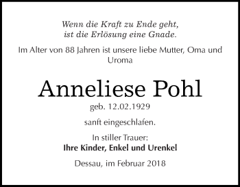 Traueranzeige von Anneliese Pohl von WVG - Wochenspiegel Bitterfeld