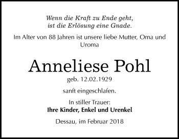 Traueranzeige von Anneliese Pohl von Mitteldeutsche Zeitung Dessau-Roßlau