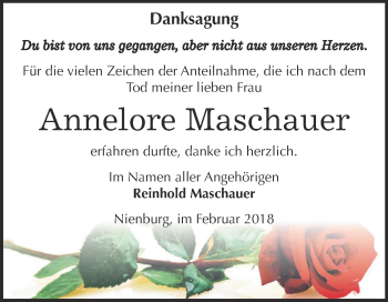 Traueranzeige von Annelore Maschauer von Super Sonntag Bernburg