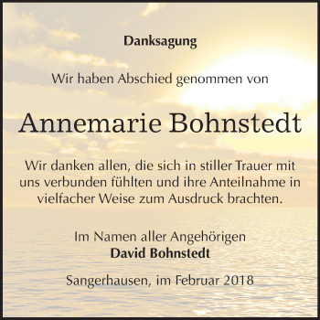 Traueranzeige von Annemarie Bohnstedt von Mitteldeutsche Zeitung