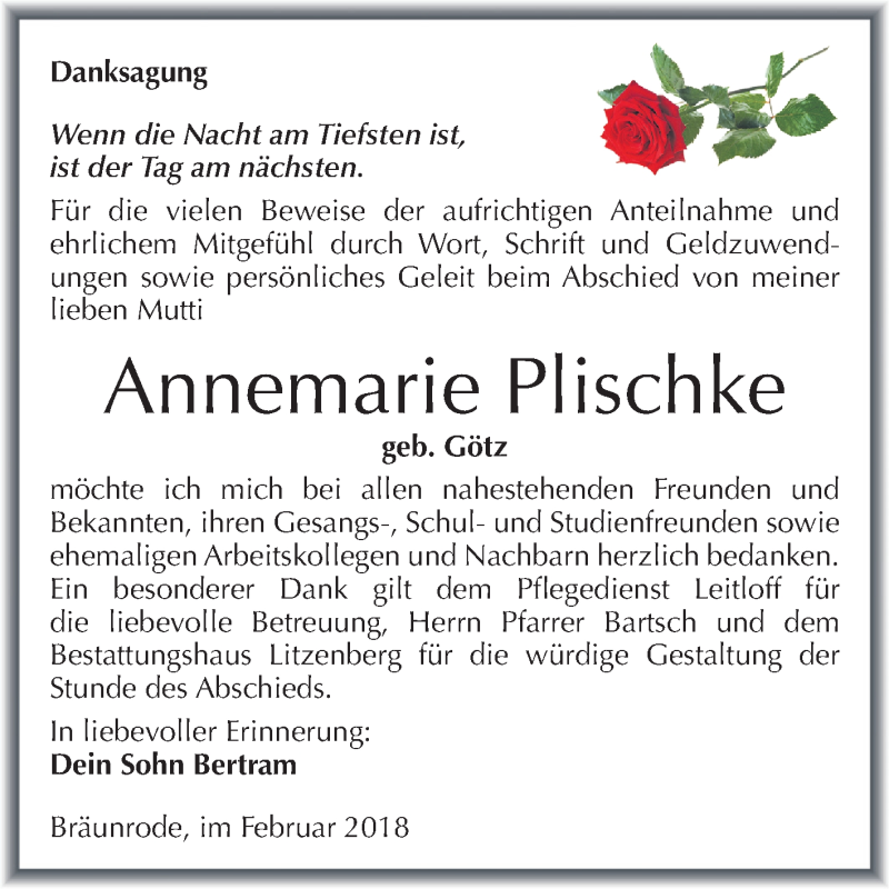  Traueranzeige für Annemarie Plischke vom 14.02.2018 aus Mitteldeutsche Zeitung