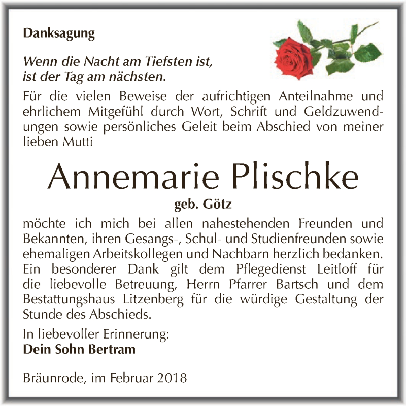  Traueranzeige für Annemarie Plischke vom 14.02.2018 aus Wochenspiegel Mansfelder Land