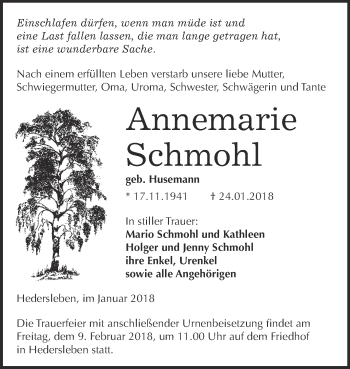 Traueranzeige von Annemarie Schmohl von WVG - Wochenspiegel Quedlinburg