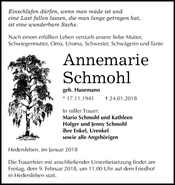 Traueranzeige von Annemarie Schmohl von Mitteldeutsche Zeitung Quedlinburg