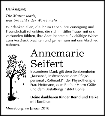 Traueranzeige von Annemarie Seifert von WVG - Wochenspiegel Merseburg