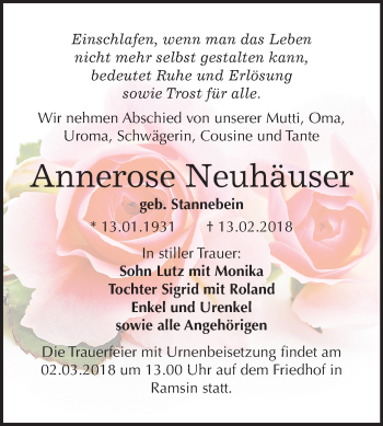 Traueranzeige von Annerose Neuhäuser von Mitteldeutsche Zeitung Bitterfeld