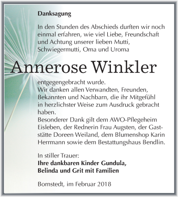 Traueranzeige von Annerose Winkler von Mitteldeutsche Zeitung