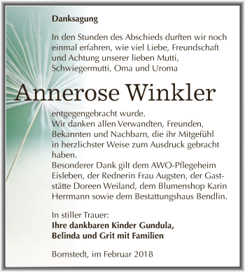 Traueranzeige von Annerose Winkler von Super Sonntag SGH Mansf. Land