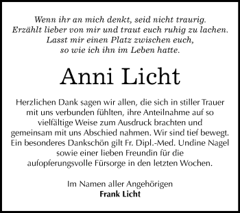 Traueranzeige von Anni Licht von Mitteldeutsche Zeitung