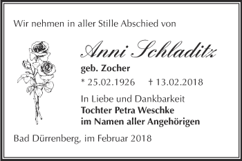 Traueranzeige von Anni Schladitz von Super Sonntag Merseburg