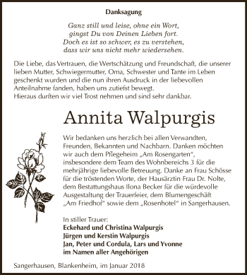Traueranzeige von Annita Walpurgis von Super Sonntag SGH Mansf. Land