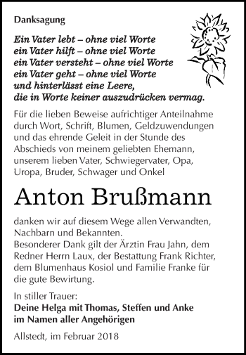 Traueranzeige von Anton Brußmann von Super Sonntag SGH Mansf. Land