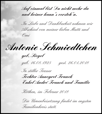 Traueranzeige von Antonie Schmiedtchen von WVG - Wochenspiegel Dessau / Köthen