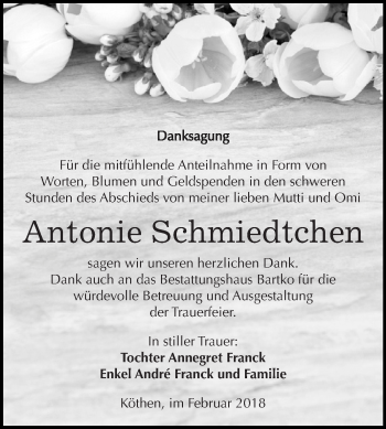 Traueranzeige von Antonie Schmiedtchen von WVG - Wochenspiegel Dessau / Köthen