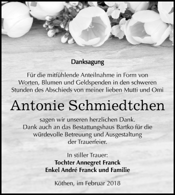 Traueranzeige von Antonie Schmiedtchen von Mitteldeutsche Zeitung