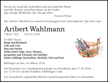 Traueranzeige von Aribert Wahlmann von Wochenspiegel Mansfelder Land
