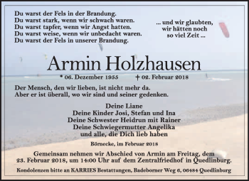Traueranzeige von Armin Holzhausen von WVG - Wochenspiegel Quedlinburg