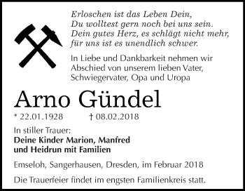 Traueranzeige von Arno Gündel von Super Sonntag SGH Mansf. Land