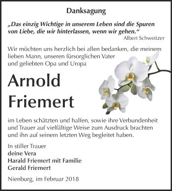 Traueranzeige von Arnold Friemert von Super Sonntag Bernburg
