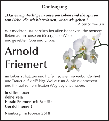 Traueranzeige von Arnold Friemert von Mitteldeutsche Zeitung Bernburg