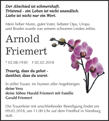 Traueranzeige von Arnold Friemert von Super Sonntag Bernburg