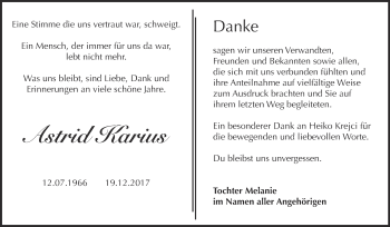 Traueranzeige von Astrid Karius von WVG - Wochenspiegel NMB / WSF / ZTZ