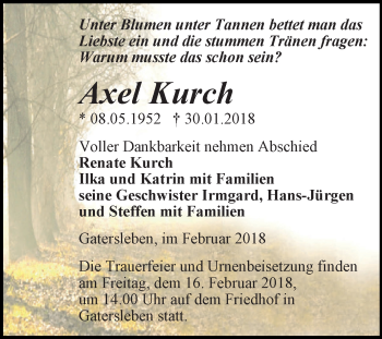 Traueranzeige von Axel Kurch von Super Sonntag Aschersleben