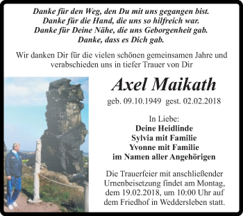 Traueranzeige von Axel Maikath von Mitteldeutsche Zeitung Quedlinburg