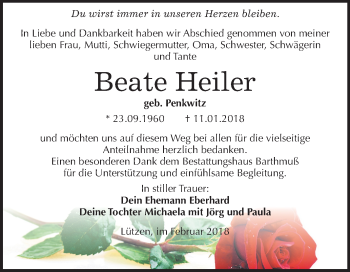 Traueranzeige von Beate Heiler von Mitteldeutsche Zeitung Weißenfels