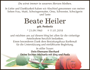 Traueranzeige von Beate Heiler von WVG - Wochenspiegel NMB / WSF / ZTZ