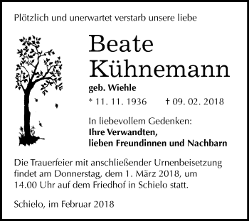 Traueranzeige von Beate Kühnemann von WVG - Wochenspiegel Quedlinburg