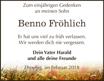 Traueranzeige von Benno Fröhlich von Super Sonntag Zeitz