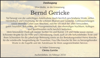 Traueranzeige von Bernd Gericke von Super Sonntag Aschersleben