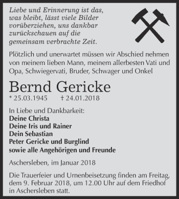 Traueranzeige von Bernd Gericke von Super Sonntag Aschersleben