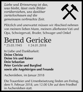 Traueranzeige von Bernd Gericke von Mitteldeutsche Zeitung Aschersleben