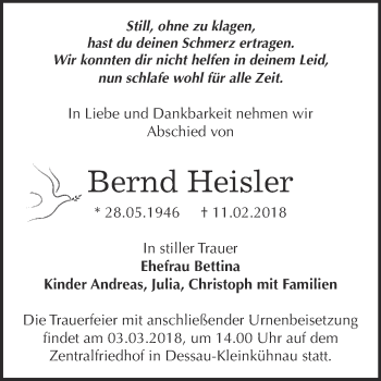 Traueranzeige von Bernd Heisler von WVG - Wochenspiegel Dessau / Köthen
