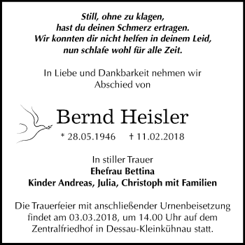 Traueranzeige von Bernd Heisler von Mitteldeutsche Zeitung Dessau-Roßlau