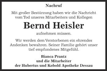 Traueranzeige von Bernd Heisler von Super Sonntag Dessau / Köthen