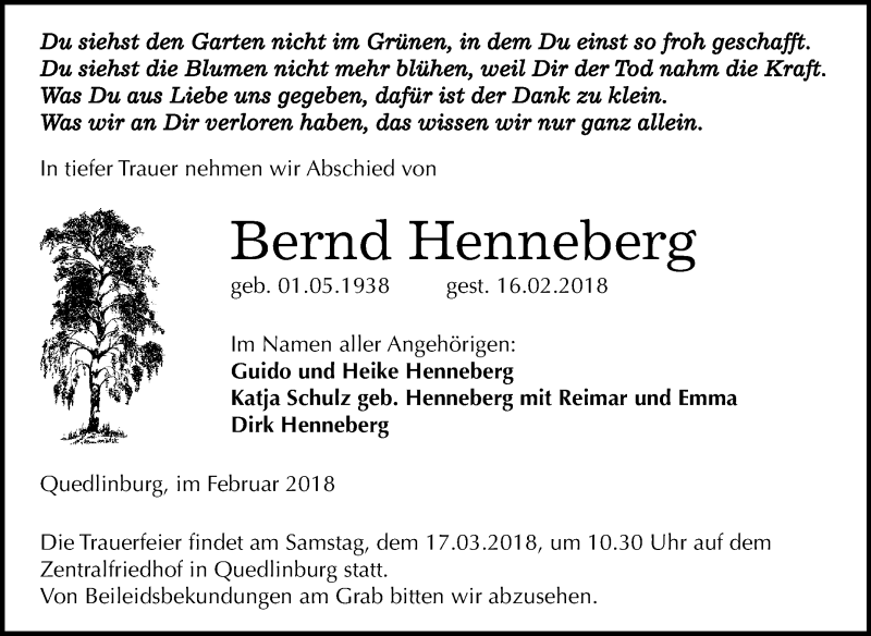  Traueranzeige für Bernd Henneberg vom 24.02.2018 aus WVG - Wochenspiegel Quedlinburg