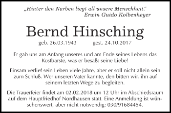 Traueranzeige von Bernd Hinsching von WVG - Wochenspiegel SGH