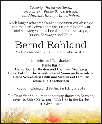 Traueranzeige von Bernd Rohland von Mitteldeutsche Zeitung