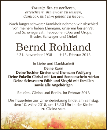 Traueranzeige von Bernd Rohland von Super Sonntag Zeitz