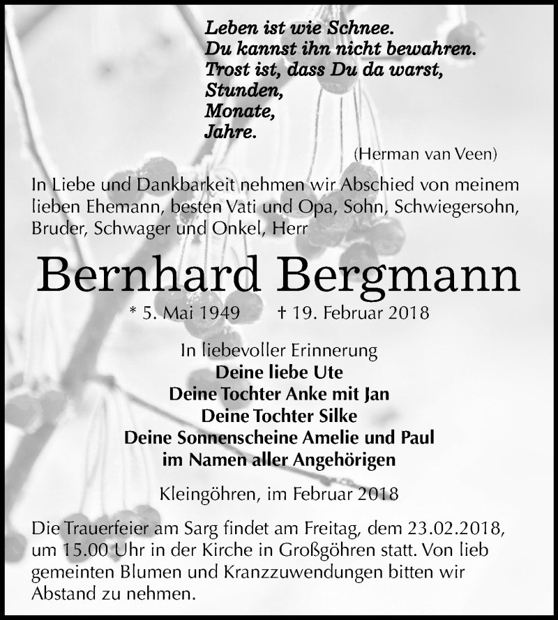  Traueranzeige für Bernhard Bergmann vom 21.02.2018 aus Mitteldeutsche Zeitung Weißenfels
