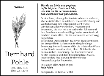 Traueranzeige von Bernhard Pohle von WVG - Wochenspiegel Quedlinburg