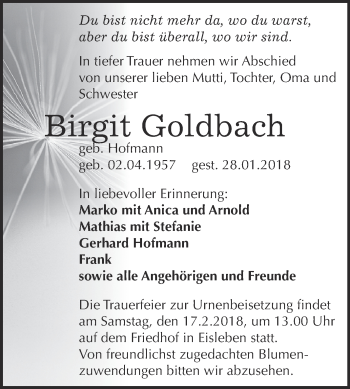 Traueranzeige von Birgit Goldbach von Super Sonntag SGH Mansf. Land