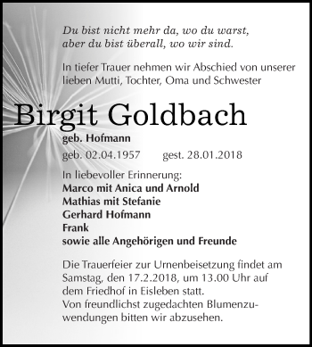 Traueranzeige von Birgit Goldbach von Super Sonntag Aschersleben